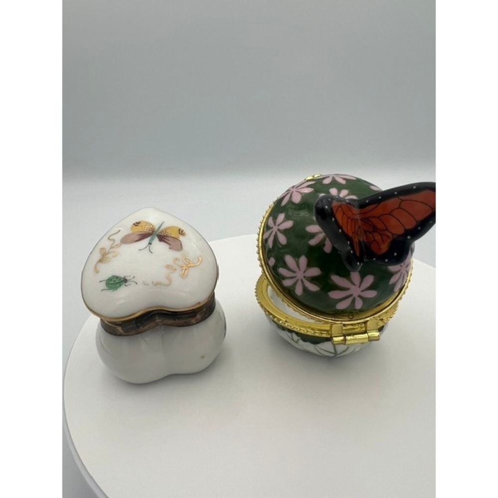 Limoges Porcelain Trinket Box Set Butterfly Heart Ladybug Hand Painted 2pc - Picture 9 of 12